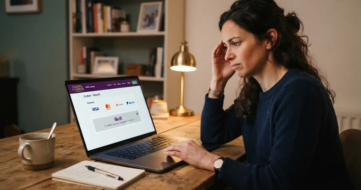 A UK online casino cashier screen showing a greyed-out, inaccessible Upaycard logo beside active payment options for Visa debit, PayPal, Skrill, and Trustly, on a laptop held by a player looking at the screen with mild frustration