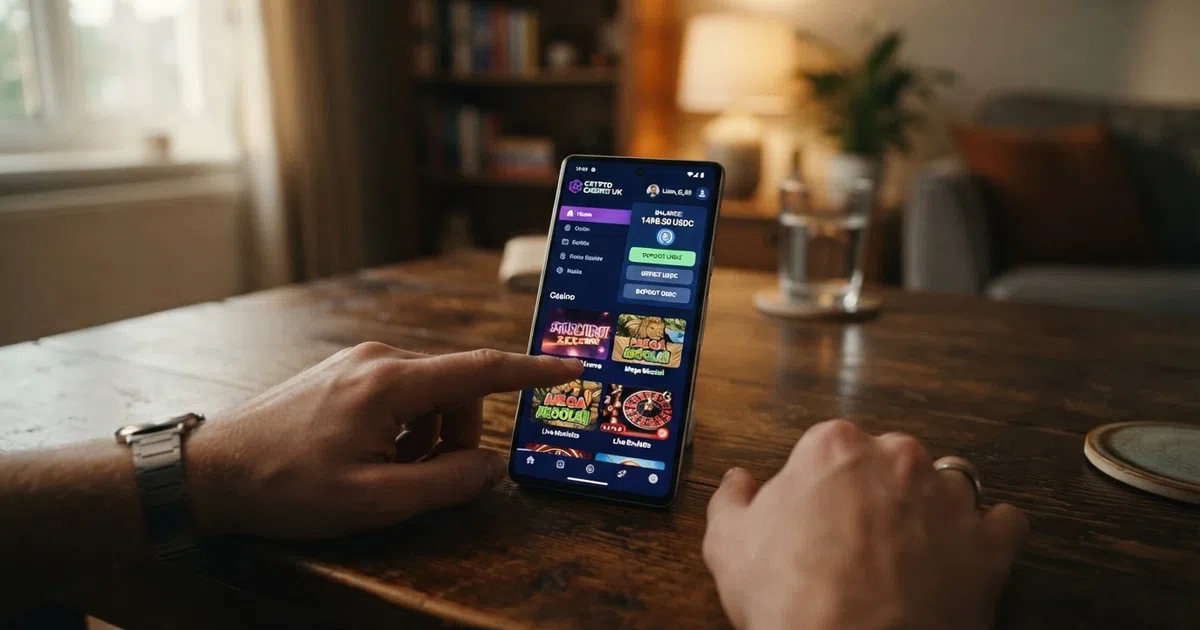 A smartphone screen displaying a USDC wallet balance beside an online casino game lobby, with the Circle USDC logo visible on the wallet interface