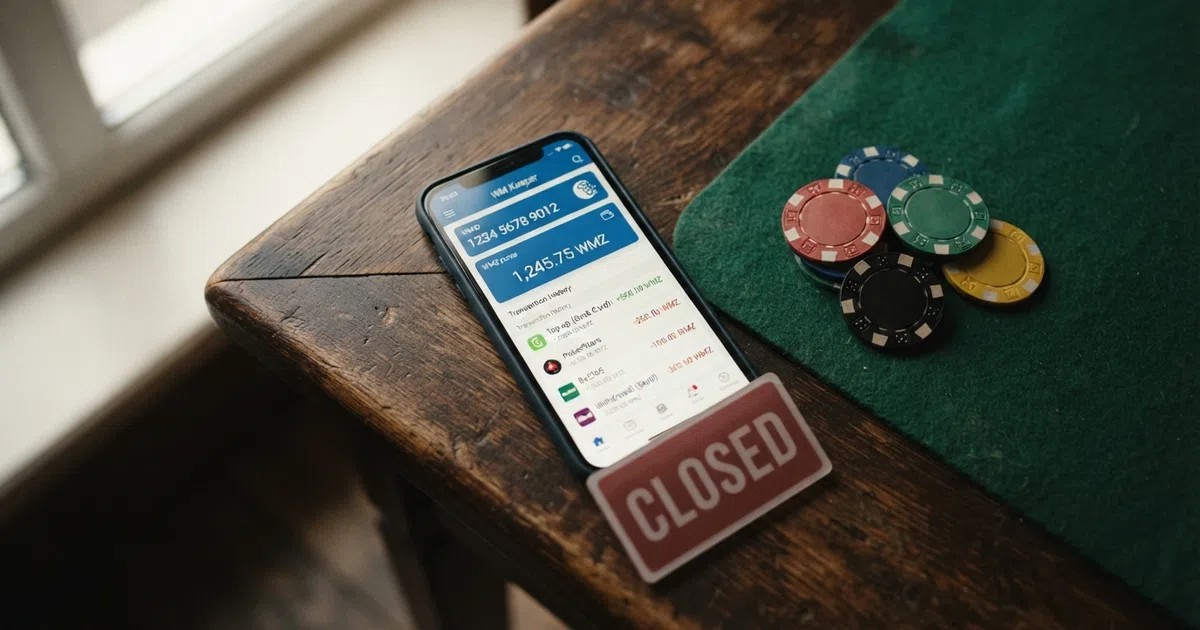 A WebMoney wallet dashboard beside a stack of casino chips and a closed sign