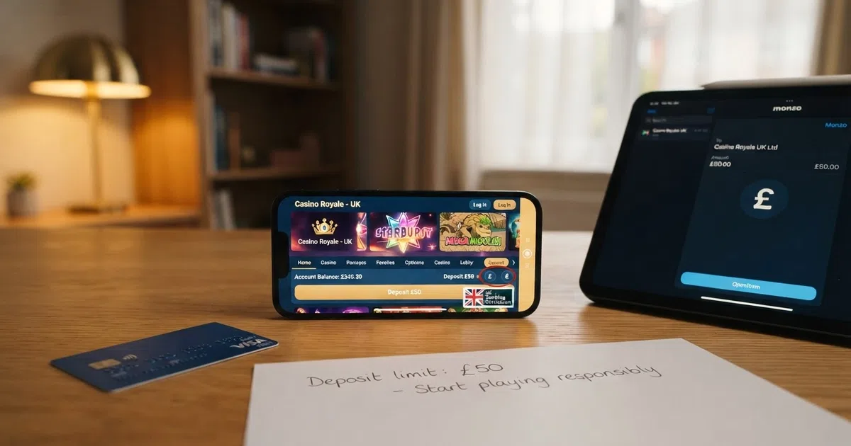 A smartphone displaying a UK-licensed online casino lobby next to a UK debit card and an open-banking app on a desk, with no Wirecard logo anywhere in the frame.