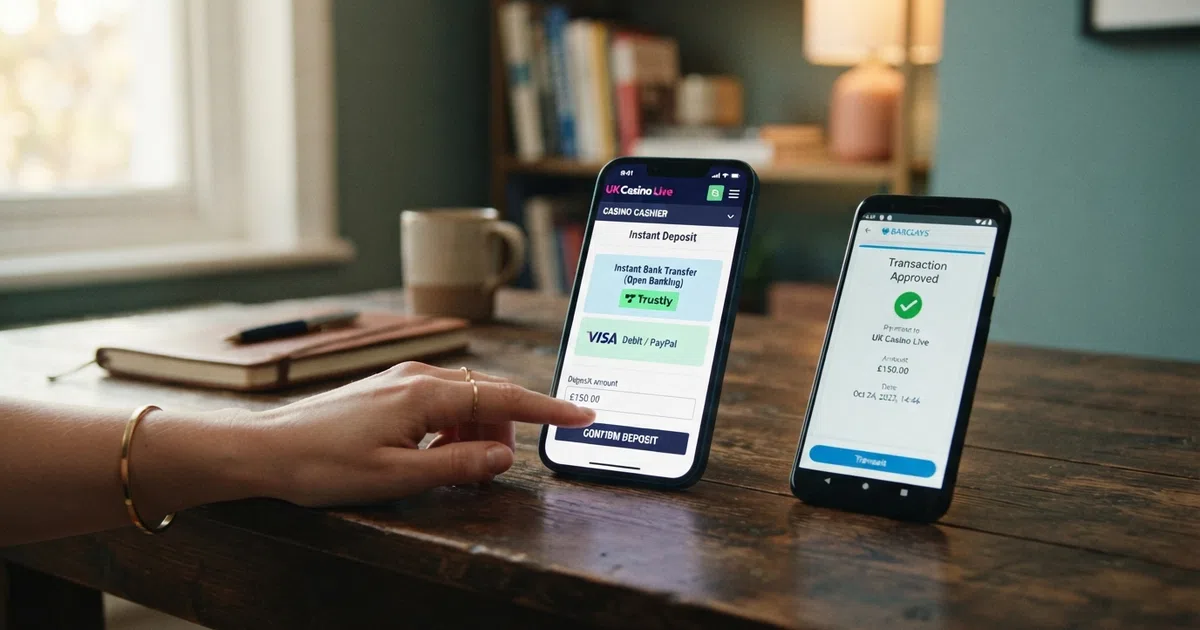 A smartphone displaying a UK online casino cashier screen with Trustly and open-banking deposit options highlighted, beside a bank authentication app showing a confirmed transaction