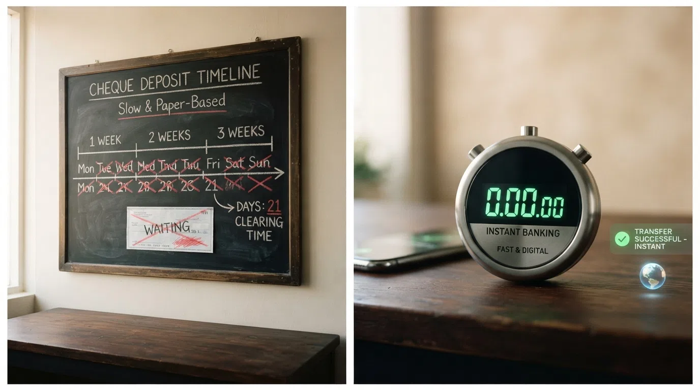 A side-by-side comparison visual: a wall calendar with days crossed off next to a stopwatch reading zero, labelled for bank cheque and instant banking respectively.