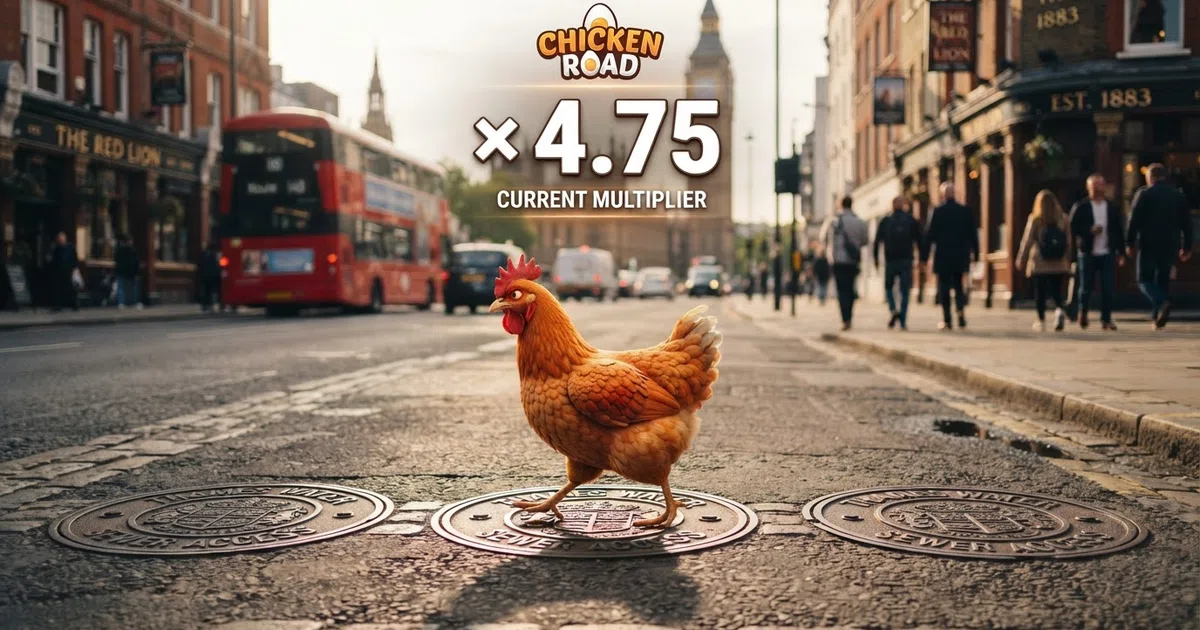 A cartoon chicken stepping across a row of manhole covers on a road, with a cash-out multiplier displayed above it, against a bright game-interface background