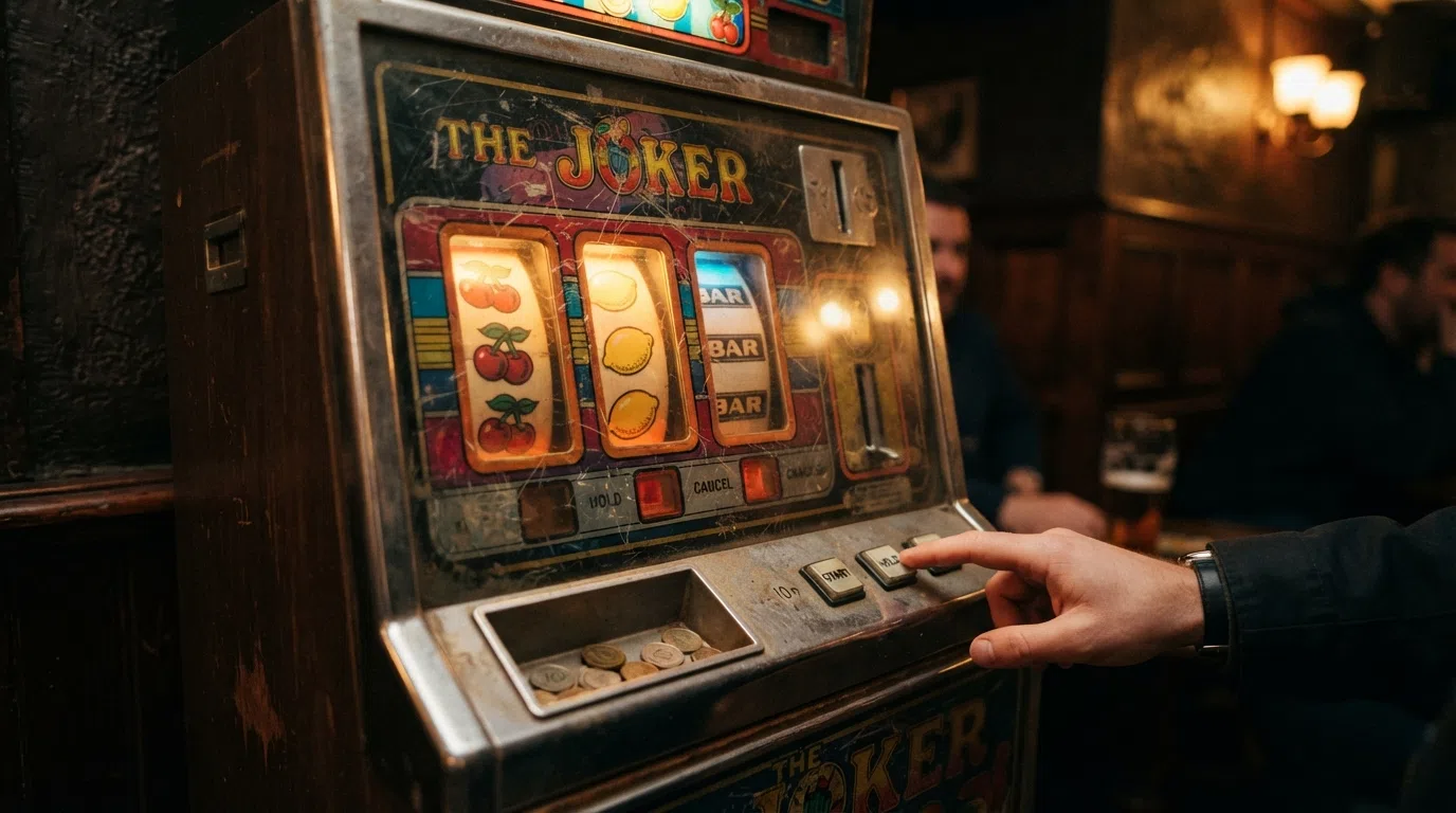 A close-up of a vintage British pub fruit machine with worn metal casing, mechanical reels behind glass and a coin tray below