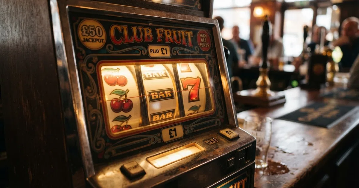 Three reels of a classic fruit machine showing cherries, bars and sevens