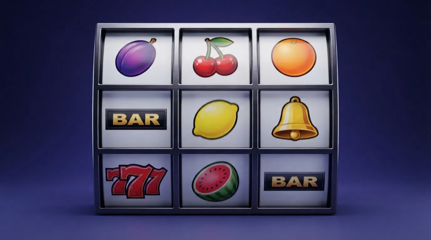 A 3×3 slot grid showing three reels of fruit and bar symbols