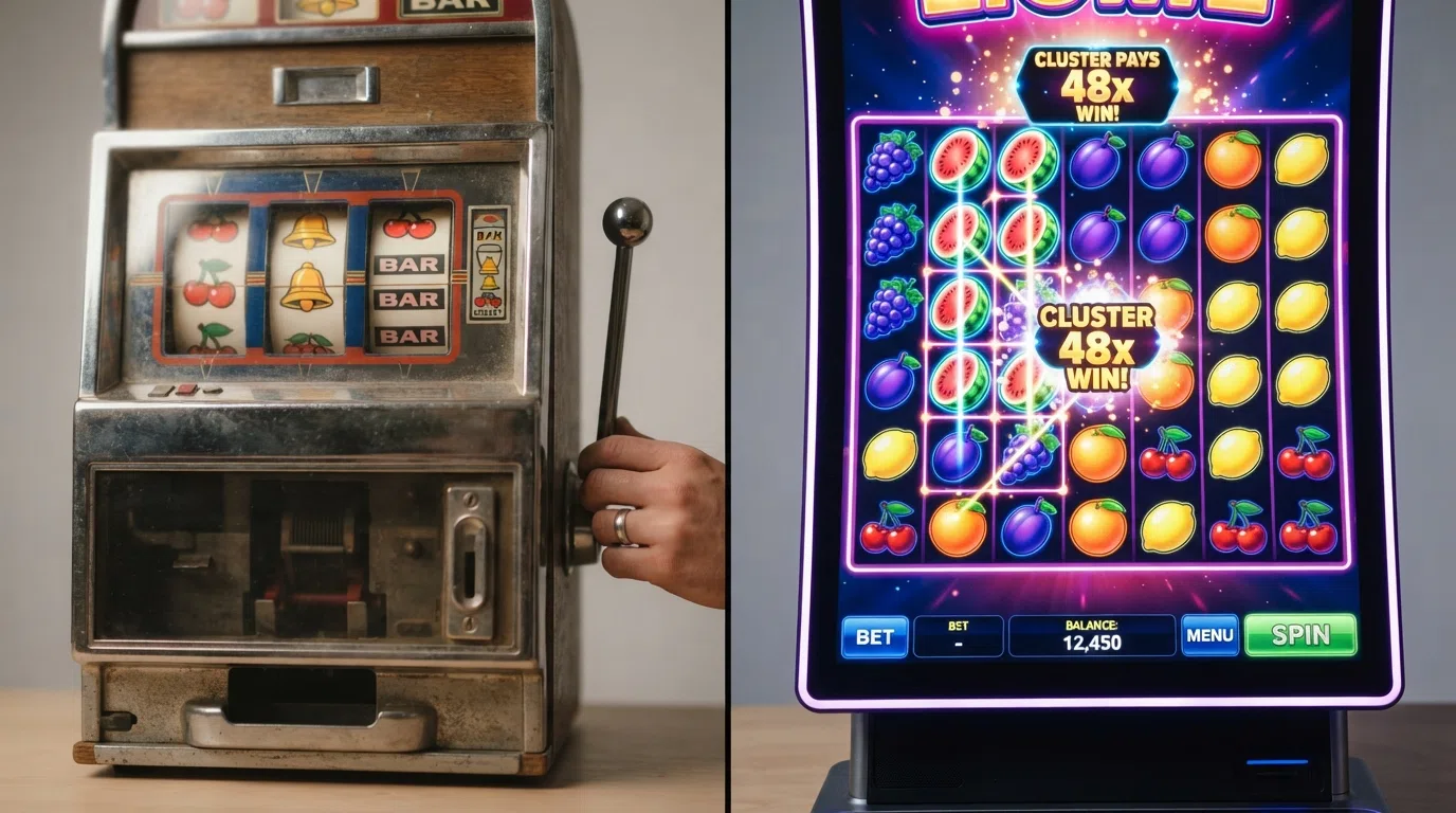 A split-screen comparison showing a simple three-reel fruit slot on the left and a colourful 7-by-7 cluster-pays fruit-themed video slot on the right