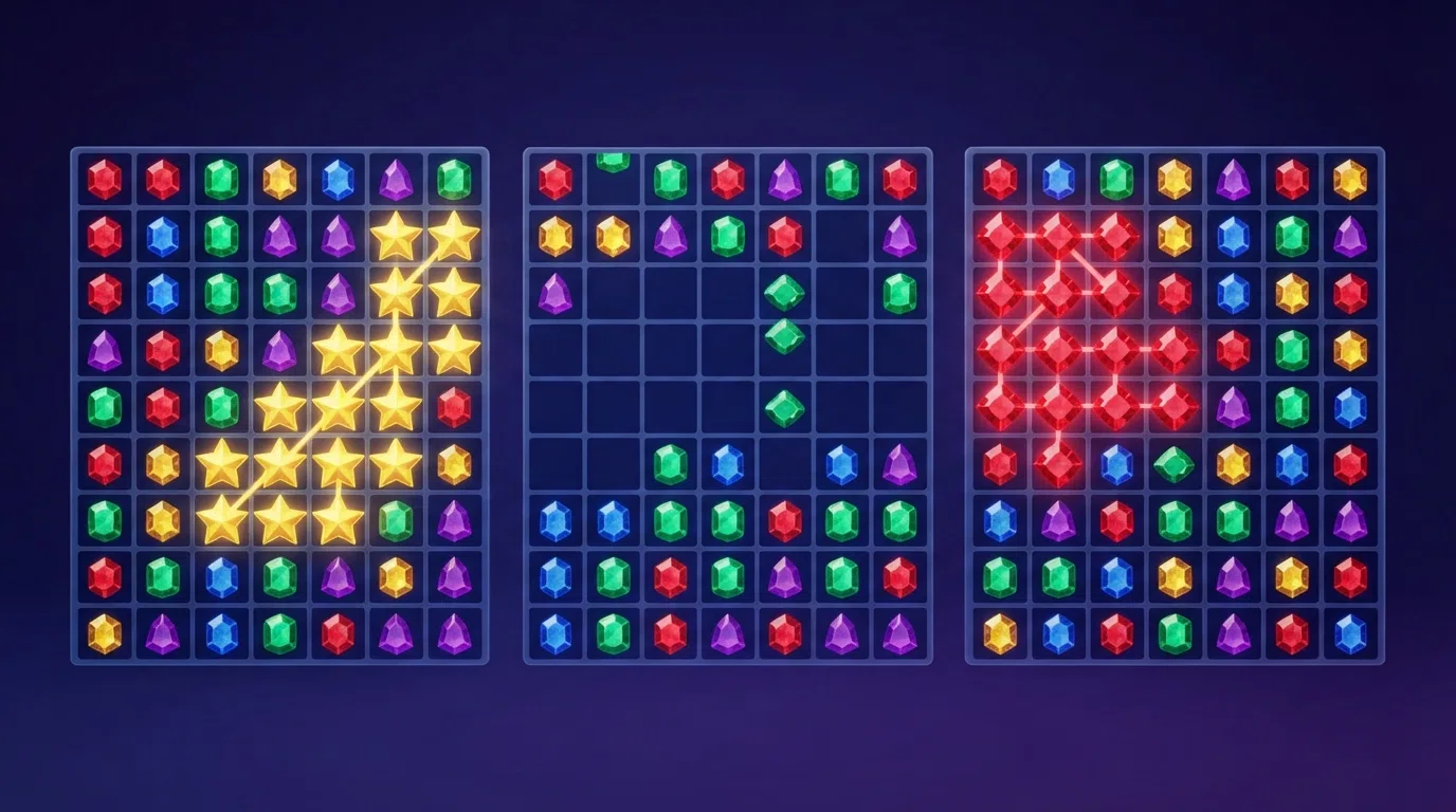 A three-panel sequence showing a cluster pays cascade in motion: winning symbols removed from the grid, new symbols dropping in from above, and a second winning cluster forming from the refill