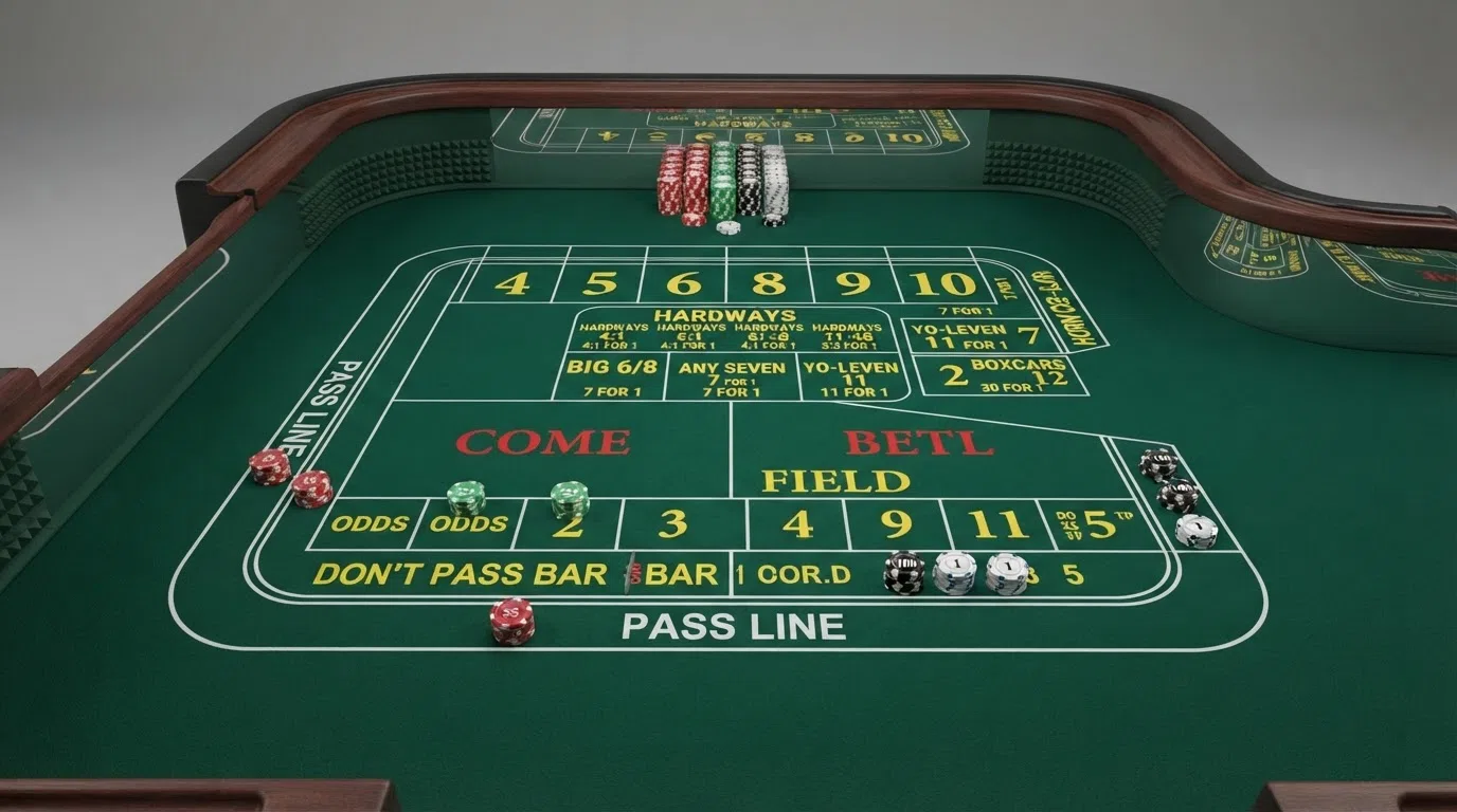 A diagram of a full craps table layout with every betting zone labelled — Pass Line, Don't Pass, Come, Field, Place bets and the centre proposition area — with chip stacks on the low-house-edge bets