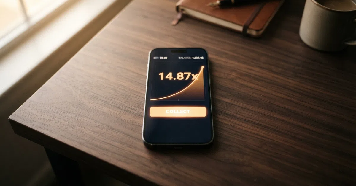 A rising multiplier curve on a dark screen with a cash-out button and a live stake counter, the classic crash-game interface a player sees mid-round