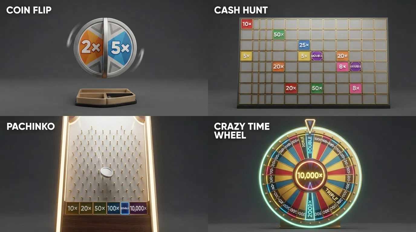 A close-up composite showing the four Crazy Time bonus-round interfaces — Coin Flip, Cash Hunt, Pachinko and the giant Crazy Time wheel — as they appear on-screen during a live stream.