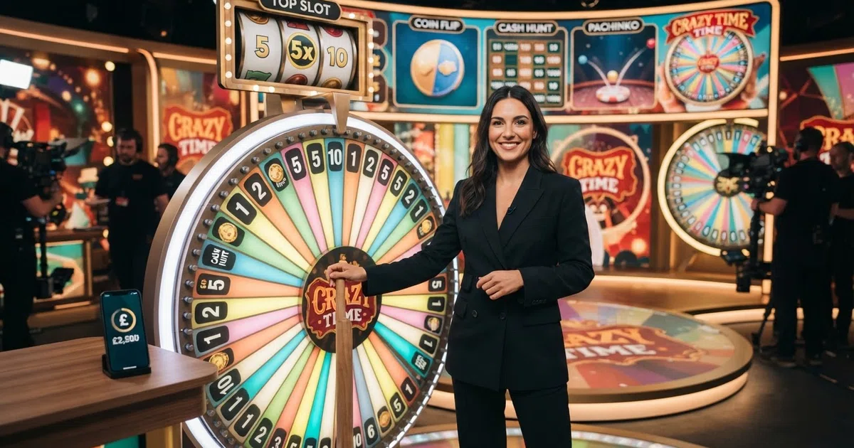 A live dealer spins the colourful 54-segment Crazy Time wheel in a bright TV-studio setting, with the four bonus-round portals visible on the video wall behind her.