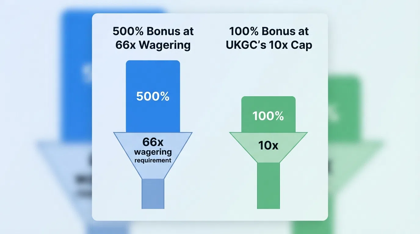 A side-by-side visual of a 500% bonus headline number shrinking through a 66x wagering funnel to a much smaller realisable value, with the UKGC 10x cap shown for scale