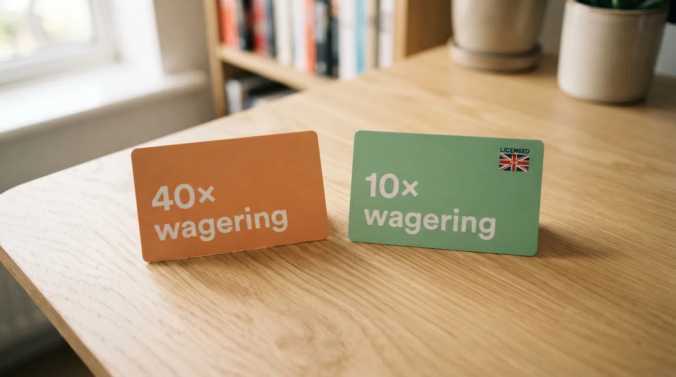 Two bonus offer cards side by side: one labelled “40× wagering” in orange, the other labelled “10× wagering” in green with a GB-licensed marker