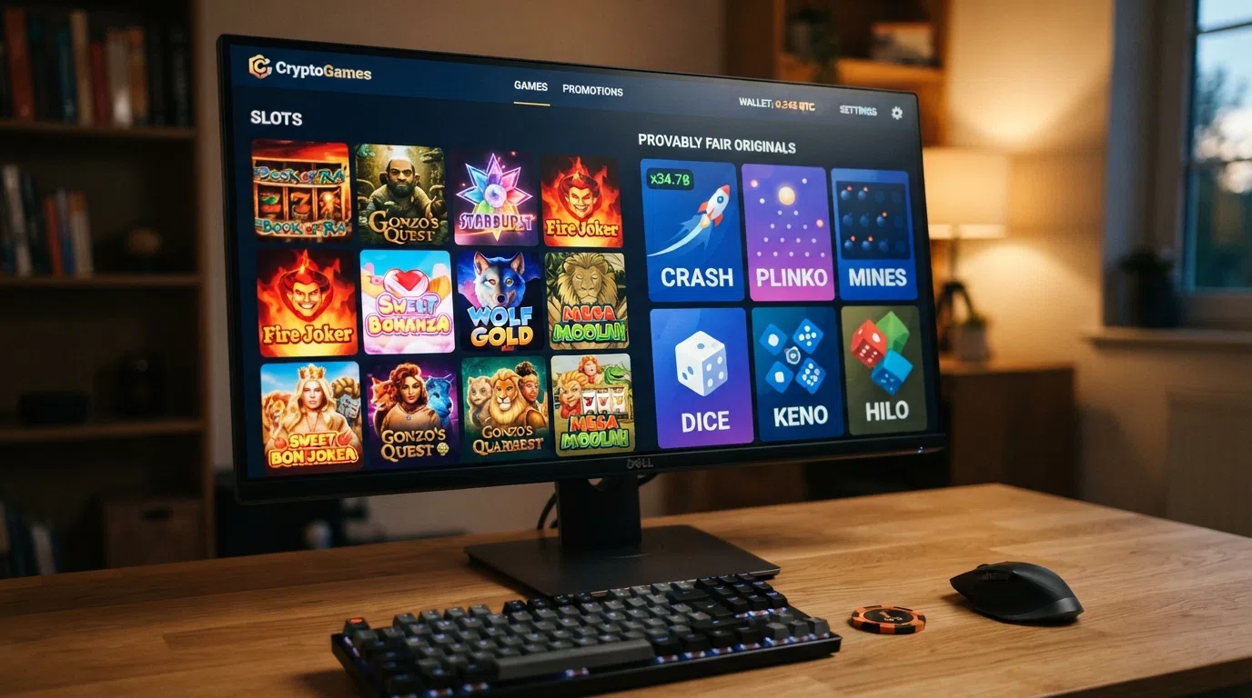 A grid of colourful game thumbnails mixing familiar slot titles with a crash-game multiplier graph and a Plinko board, showing the range of formats unique to crypto casinos