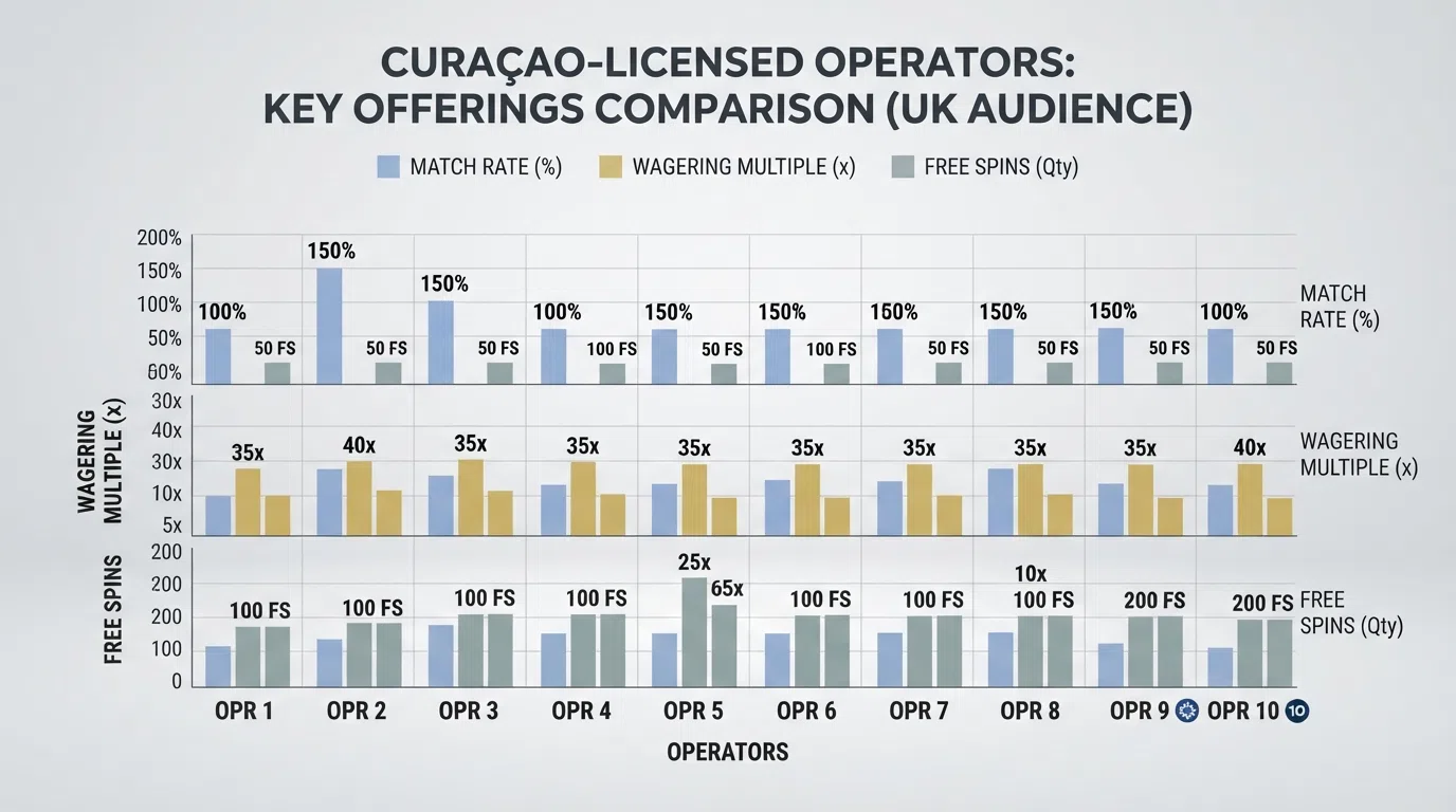 A side-by-side visual summary of the ten featured operators with their match rates, wagering multiples and free-spin counts arranged as a simplified bar or grid comparison