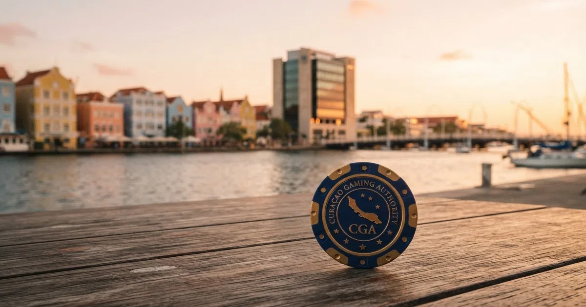 A Curaçao coastal skyline with the Curaçao Gaming Authority building or a representative government-licensing visual, overlaid with a casino-chip motif