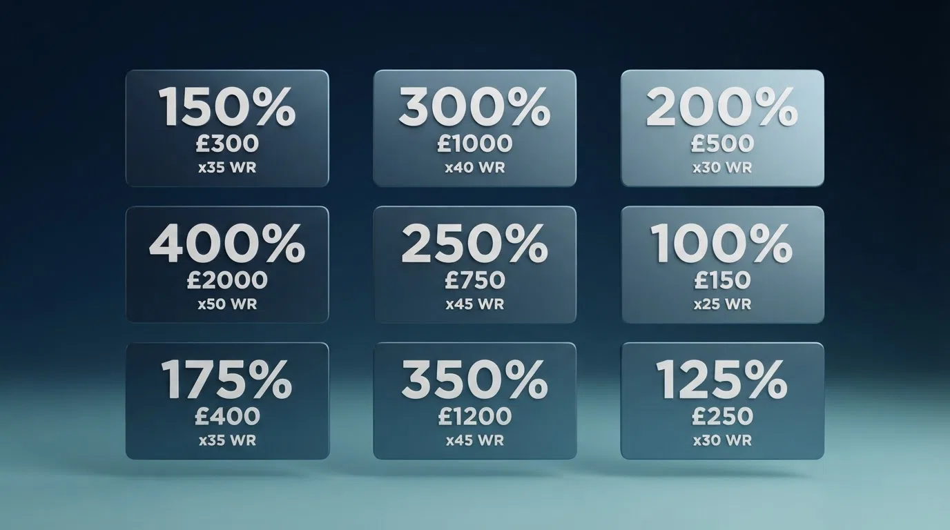 A grid of welcome-bonus cards from multiple Curacao-licensed casinos, each showing a percentage-match figure, a maximum bonus cap in pounds, and a wagering-requirement multiple beneath it