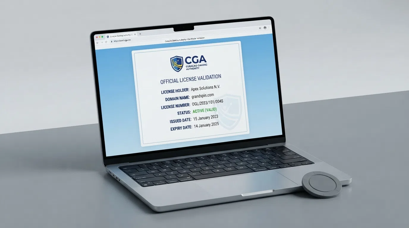 A screenshot-style visual of the CGA certificate portal (cert.cga.cw) showing a mock certificate with an OGL licence number, domain name and “Active” status