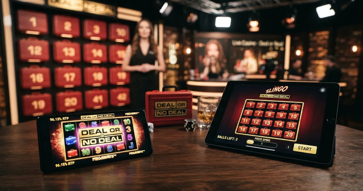 A grid of Deal or No Deal slot reels, live-casino studio table and Slingo card on a dark casino background, with the familiar briefcase icon visible across all three formats