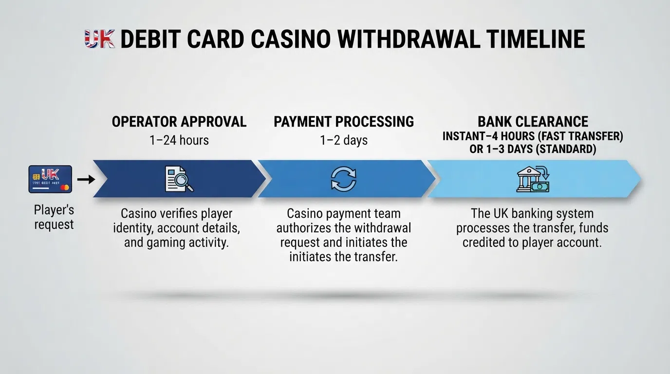 A timeline infographic showing the three stages of a UK debit card casino withdrawal — operator approval, payment processing and bank clearance — with typical durations for each stage