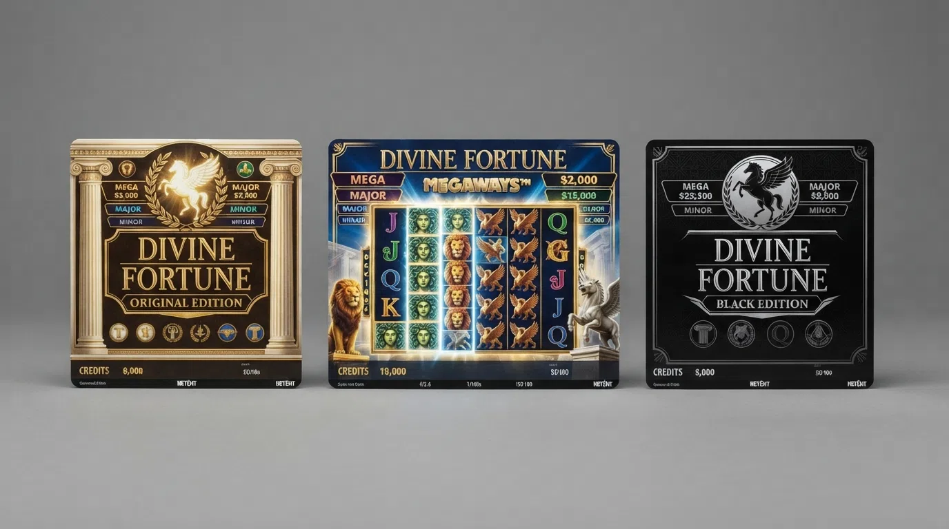 Three Divine Fortune slot title cards side by side — the original gold-accented Ancient Greece theme, the Megaways edition with its expanded cascading grid, and the dark monochrome palette of Divine Fortune Black