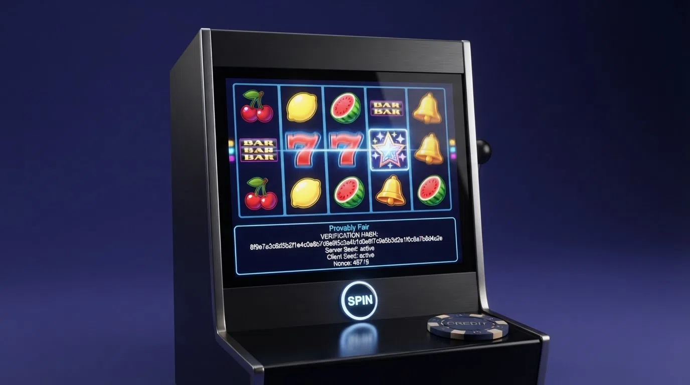 A slot-machine grid showing a Dogecoin deposit option and a provably fair verification panel displaying a cryptographic hash