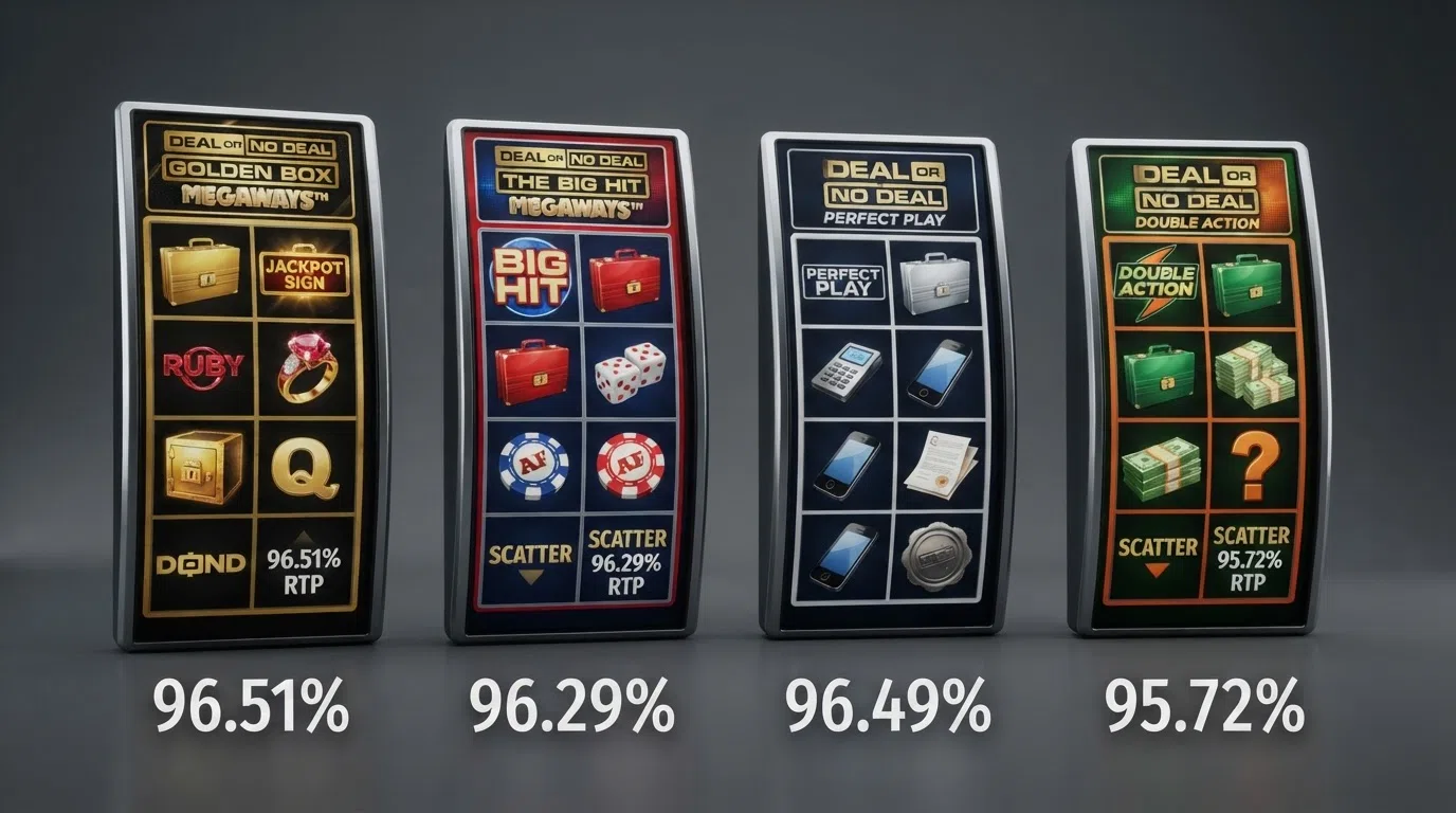Four slot-reel close-ups arranged in a row showing the distinct visual styles of Deal or No Deal Megaways, The Big Hit Megaways, Perfect Play and Double Action, with the RTP percentage overlaid beneath each