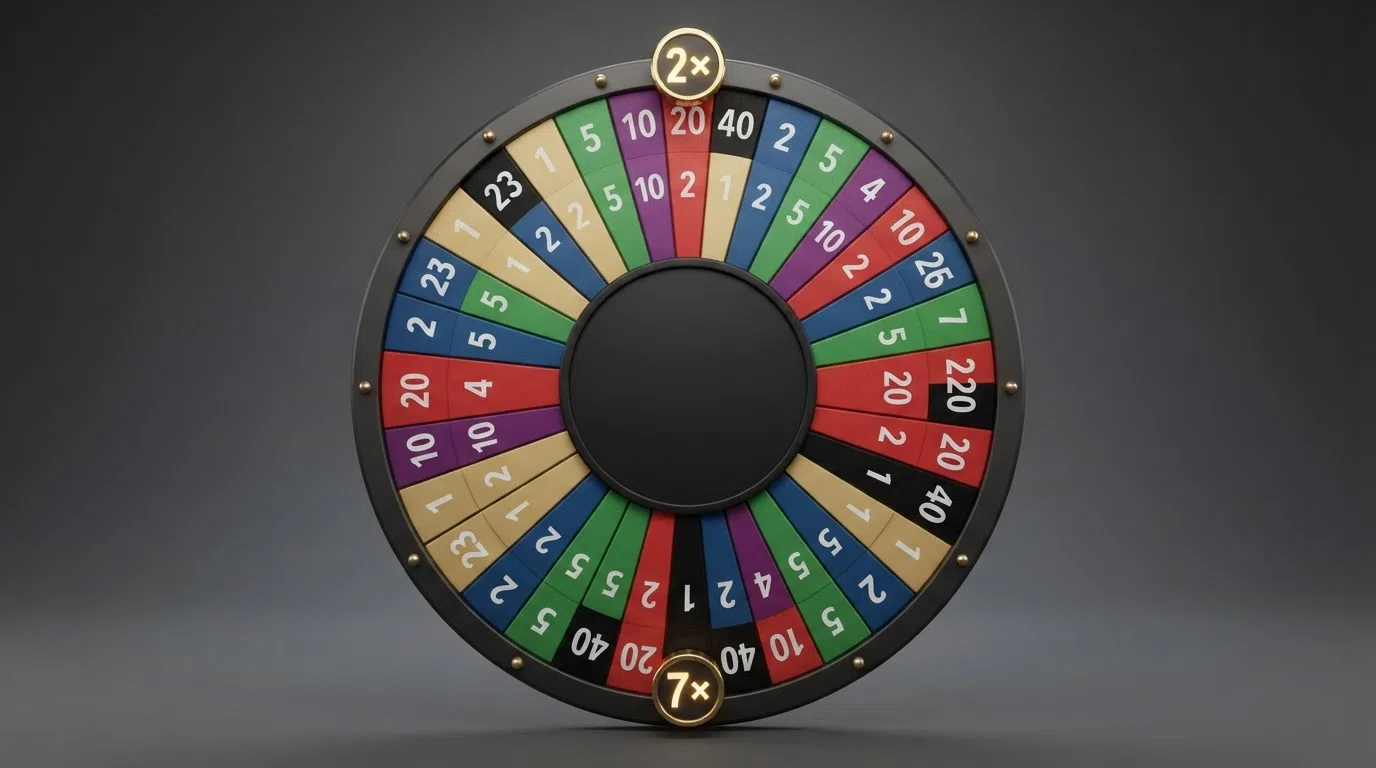 Close-up of the Dream Catcher wheel face showing the distribution of coloured number segments — 1, 2, 5, 10, 20 and 40 — with the gold 2× and 7× multiplier pegs at their positions