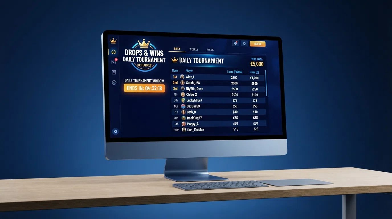 A Drops & Wins leaderboard interface on a desktop screen showing player rankings, prize amounts and a countdown timer for the daily tournament window.