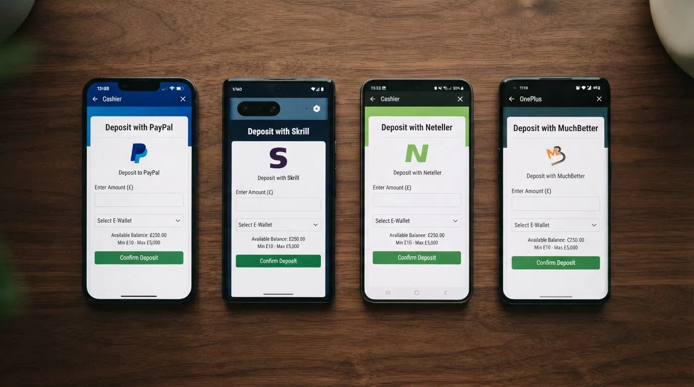 Four smartphone screens showing the deposit screens of UK casino apps, each displaying a different e-wallet option — PayPal, Skrill, Neteller and Trustly — with the deposit-amount field visible
