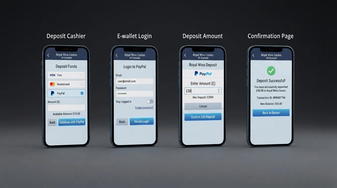 A step-by-step illustration of the ecopayz deposit flow — casino cashier, Payz login screen, deposit-amount field and confirmation page