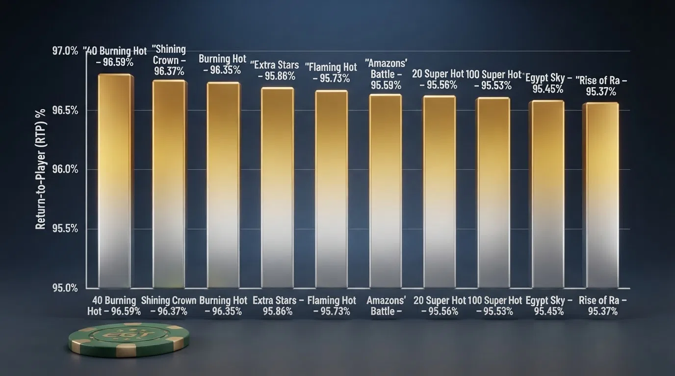 A selection of EGT slot title cards — 40 Burning Hot, Shining Crown, Burning Hot and 40 Super Hot — arranged side by side with their RTP percentages overlaid