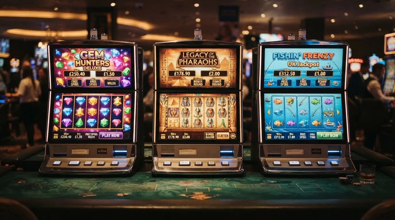 The title screens of three popular online slots arranged side by side — Starburst with its gem-filled reels, Book of Dead with its ancient-Egyptian symbols, and Big Bass Bonanza with its fishing-themed graphics — each displaying its distinctive visual style