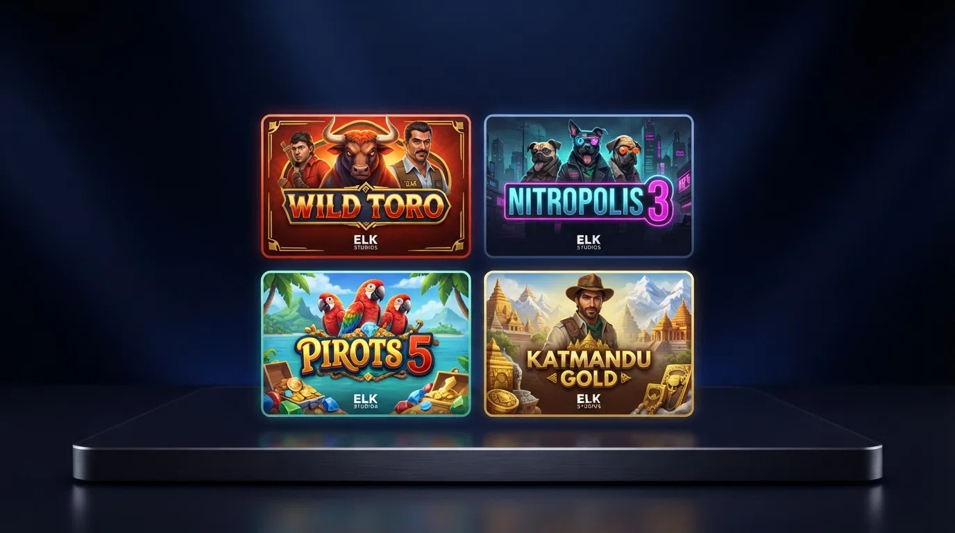 A grid of ELK Studios slot title cards including Wild Toro, Nitropolis and Pirots series artwork against a dark casino-themed background