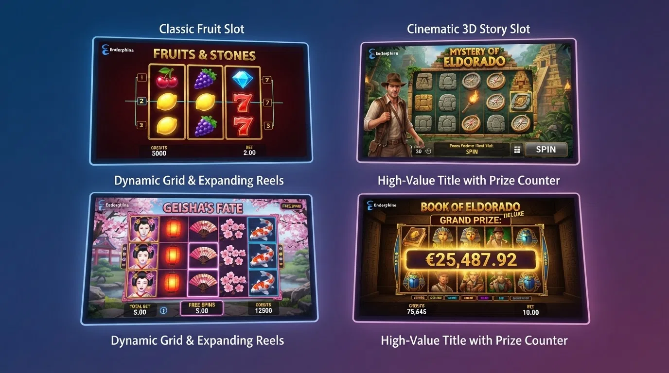 A grid of four Endorphina slot title screens showing different themes — a fruit classic, a 3D story slot, a megaways grid and a progressive jackpot title
