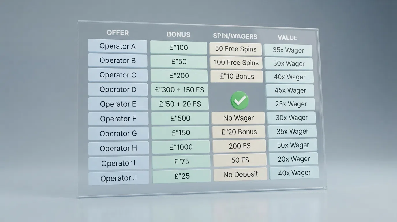 a comparison grid of casino welcome bonuses with a tick next to a no-wagering offer