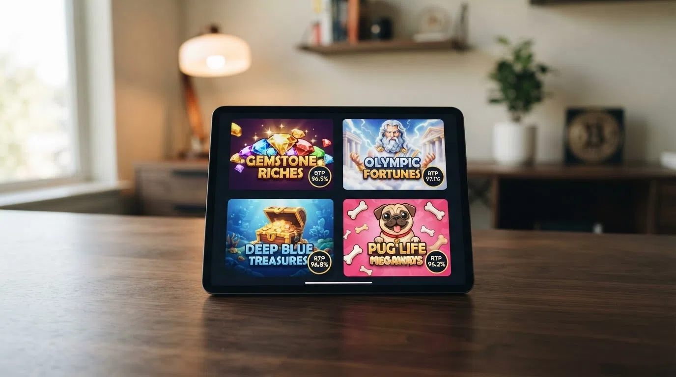 A grid of four slot-game title cards from Pragmatic Play — Gates of Olympus, Sweet Bonanza, The Dog House Megaways and Big Bass Splash — with their RTP figures overlaid as badges