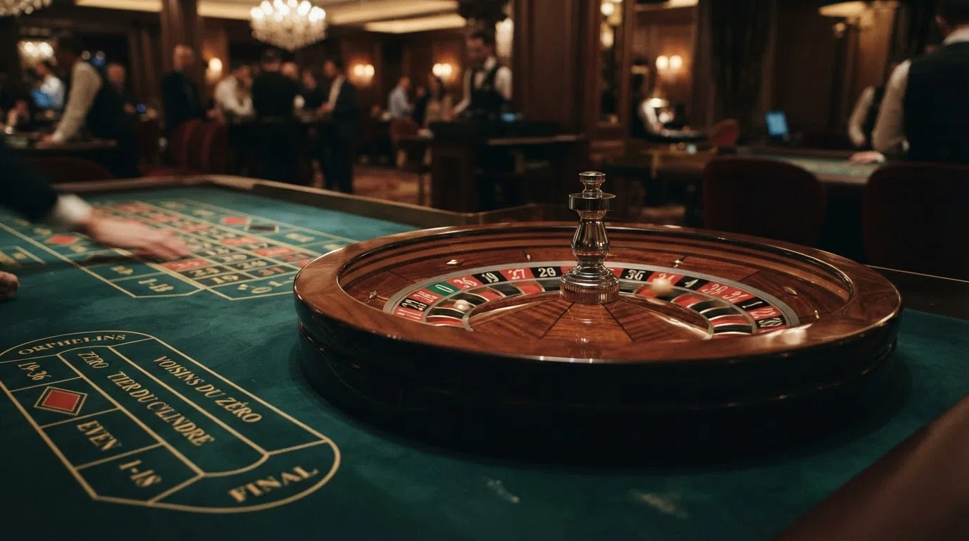 A close-up of a European roulette single-zero wheel with the green zero pocket visible and the racetrack betting layout alongside it