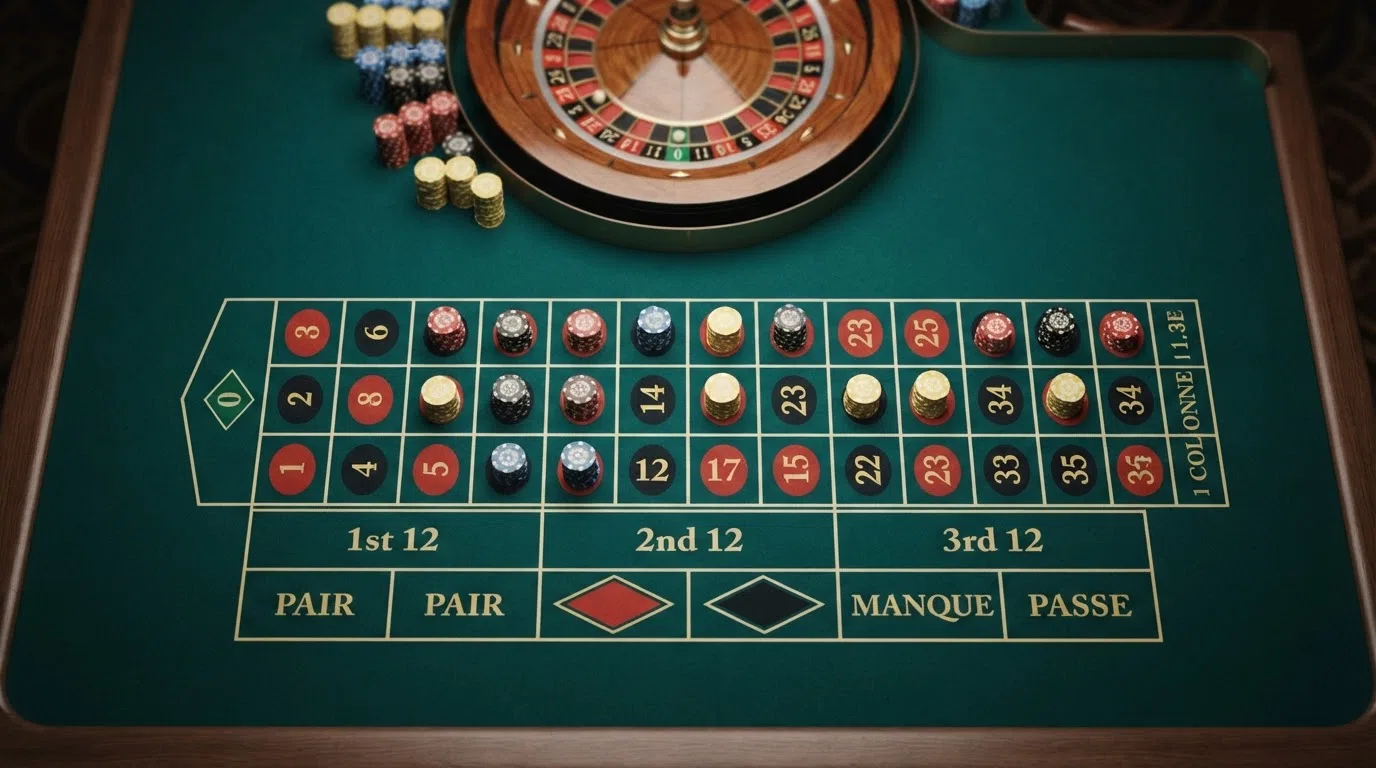A top-down view of the full European roulette betting felt with chips placed across inside and outside bet positions, the wheel visible in the background