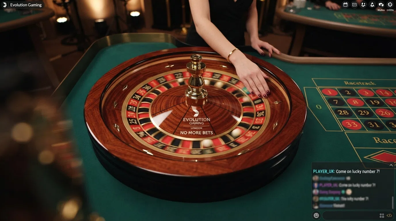 A close-up of a live roulette wheel mid-spin inside an Evolution Gaming studio, with the betting-grid overlay visible on-screen and the dealer's hand just leaving the frame