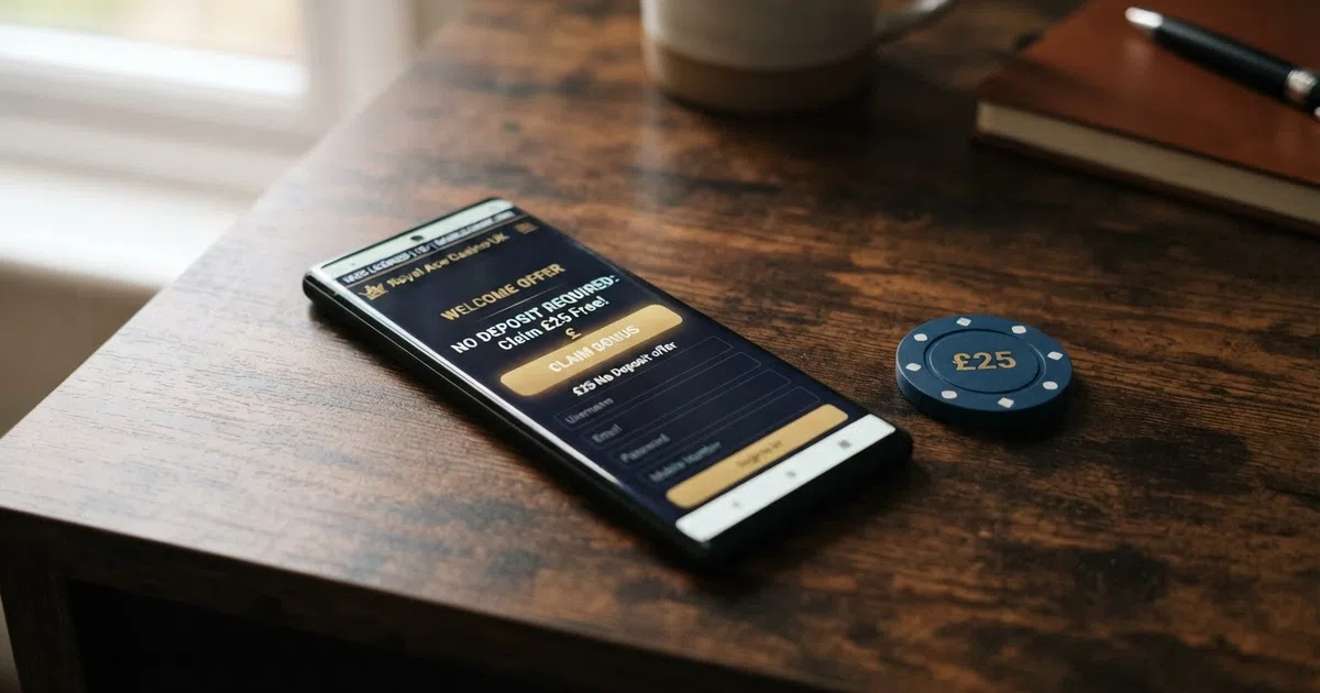 A smartphone screen displaying a UK-licensed casino's registration page with a highlighted no-deposit bonus claim button, beside a casino chip and a UKGC badge