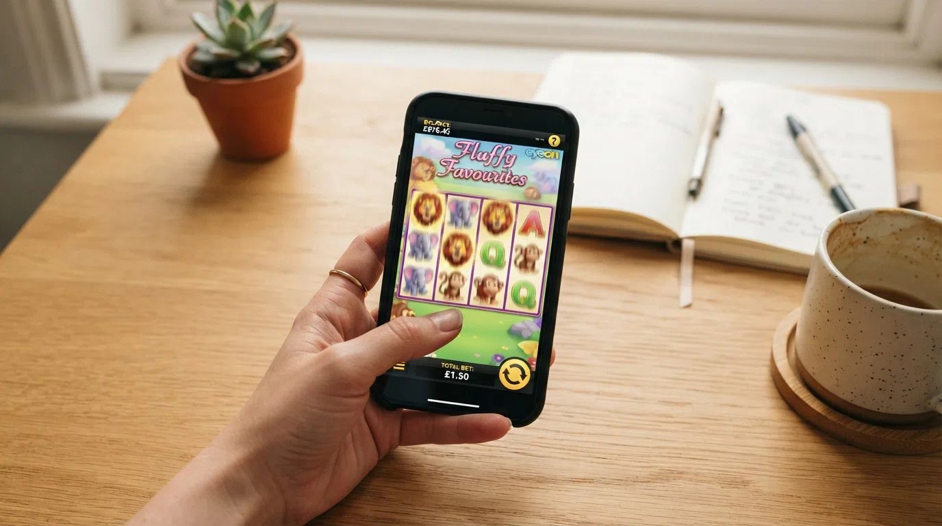 A smartphone held in one hand showing a 5×3 Eyecon slot grid in portrait orientation, with spin button and balance display visible