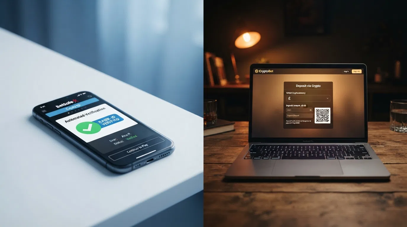 A split-screen comparison: on the left, a casino app showing an automated bank-ID verification checkmark with a UKGC licence badge; on the right, a Bitcoin wallet deposit screen on an offshore casino with no document-upload prompt