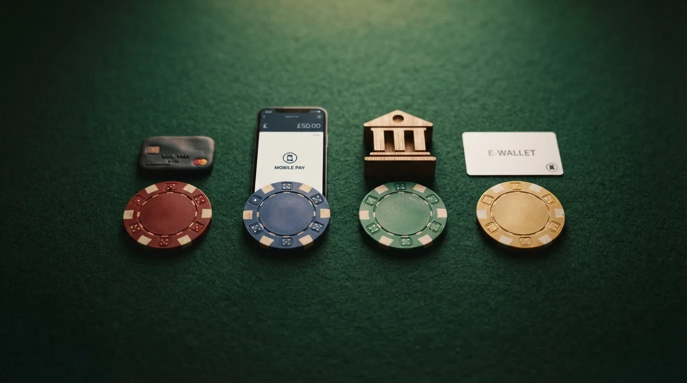A horizontal comparison of payment method symbols — a debit card, the PayPal logo, a bank building icon and a mobile phone — each with a clock showing a different arrival time beneath it