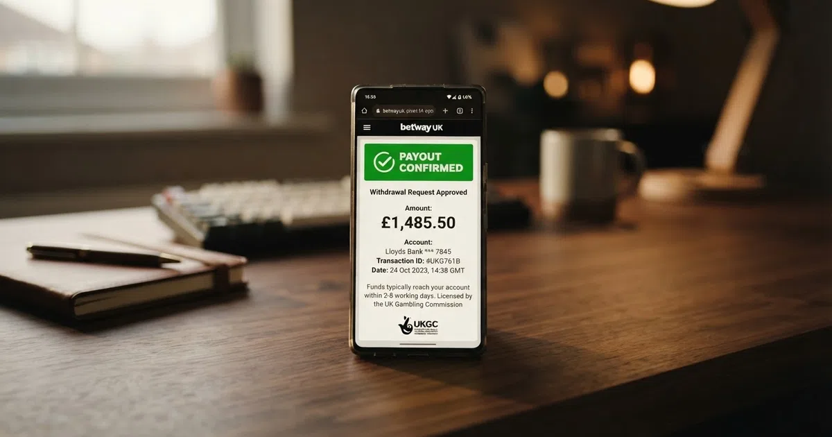 A smartphone displaying a casino withdrawal screen with a confirmed payout badge and a UK Gambling Commission logo visible on the footer