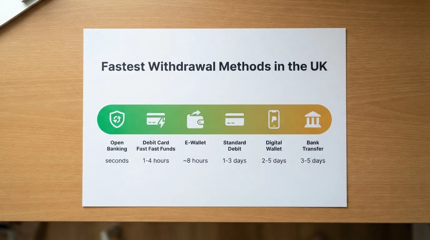 A speed-ranked comparison bar showing six casino withdrawal methods from Pay by Bank and Visa Fast Funds on the left to bank transfer on the right, with typical time ranges under each