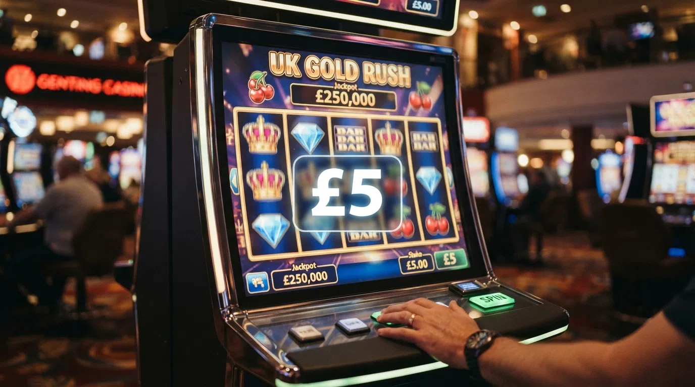 Slot reels overlaid with a £5 stake cap label and a Gambling Commission-style badge