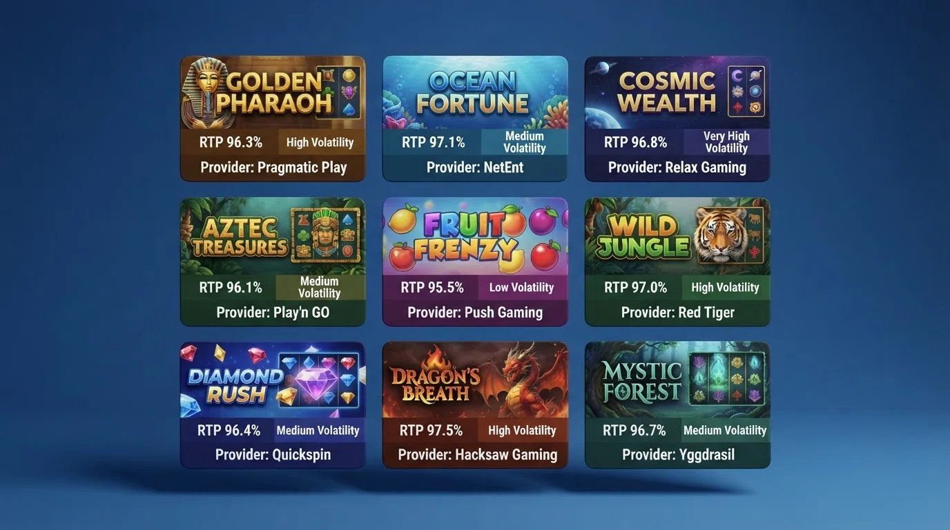 A side-by-side grid layout of multiple 5-reel slot title cards showing their RTP percentages, volatility badges, and provider logos