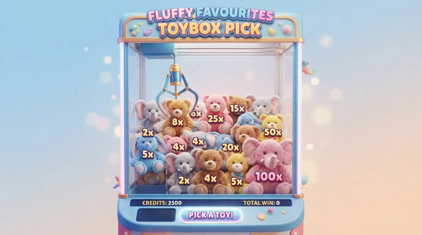 The Fluffy Favourites Toybox Pick bonus screen, showing the claw reaching into a pile of colourful stuffed toys with win multipliers displayed